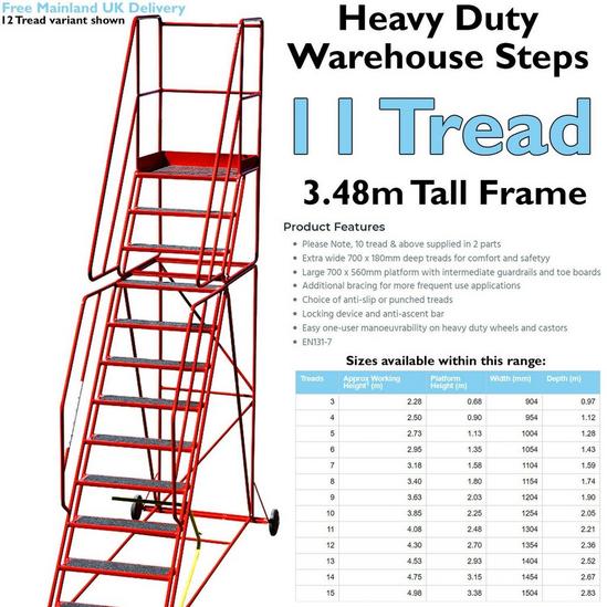 Loops 11 Tread HEAVY DUTY Mobile Warehouse Stairs Anti Slip Steps 3.48m Safety Ladder 2