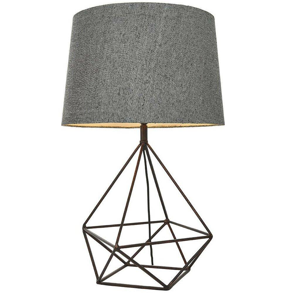 Geometric Frame Table Lamp Aged Copper & Grey Fabric Shade Bedside Feature Light