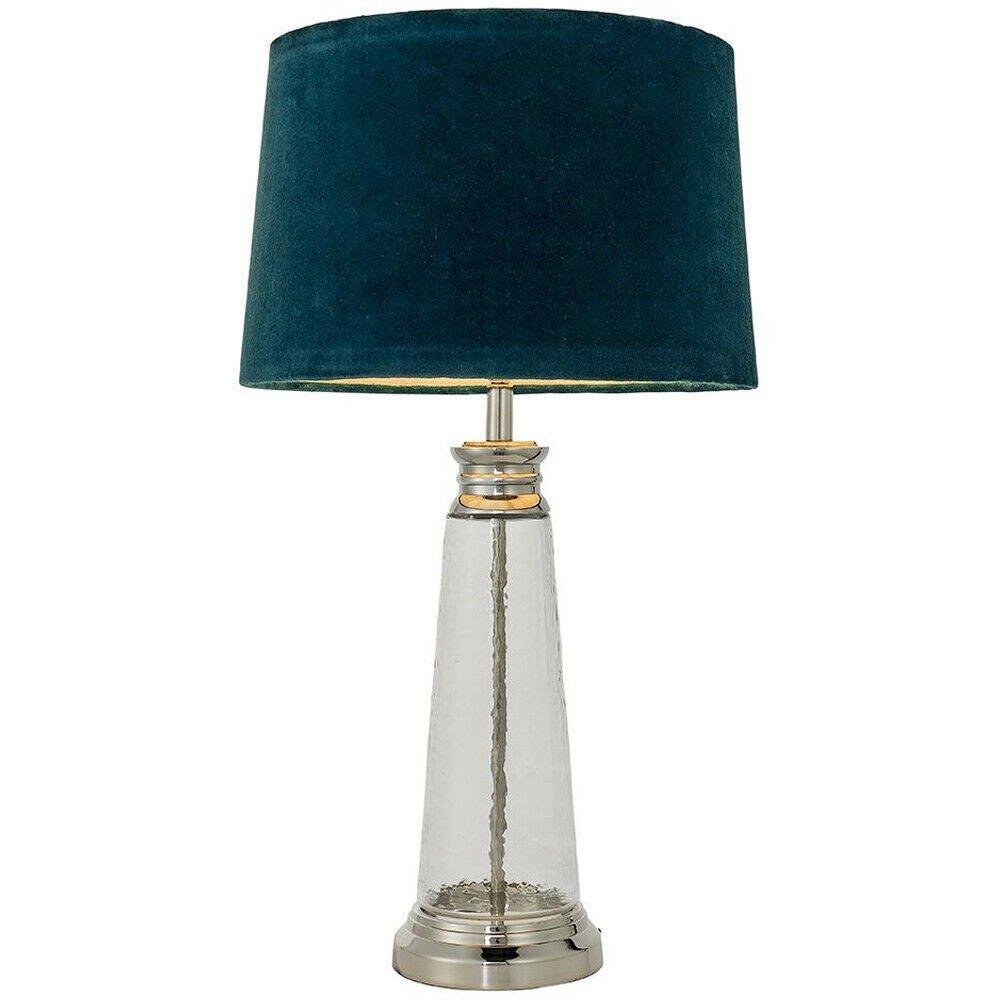Luxury Table Lamp Textured Hammered Clear Glass & Teal Velvet Fabric Shade Light