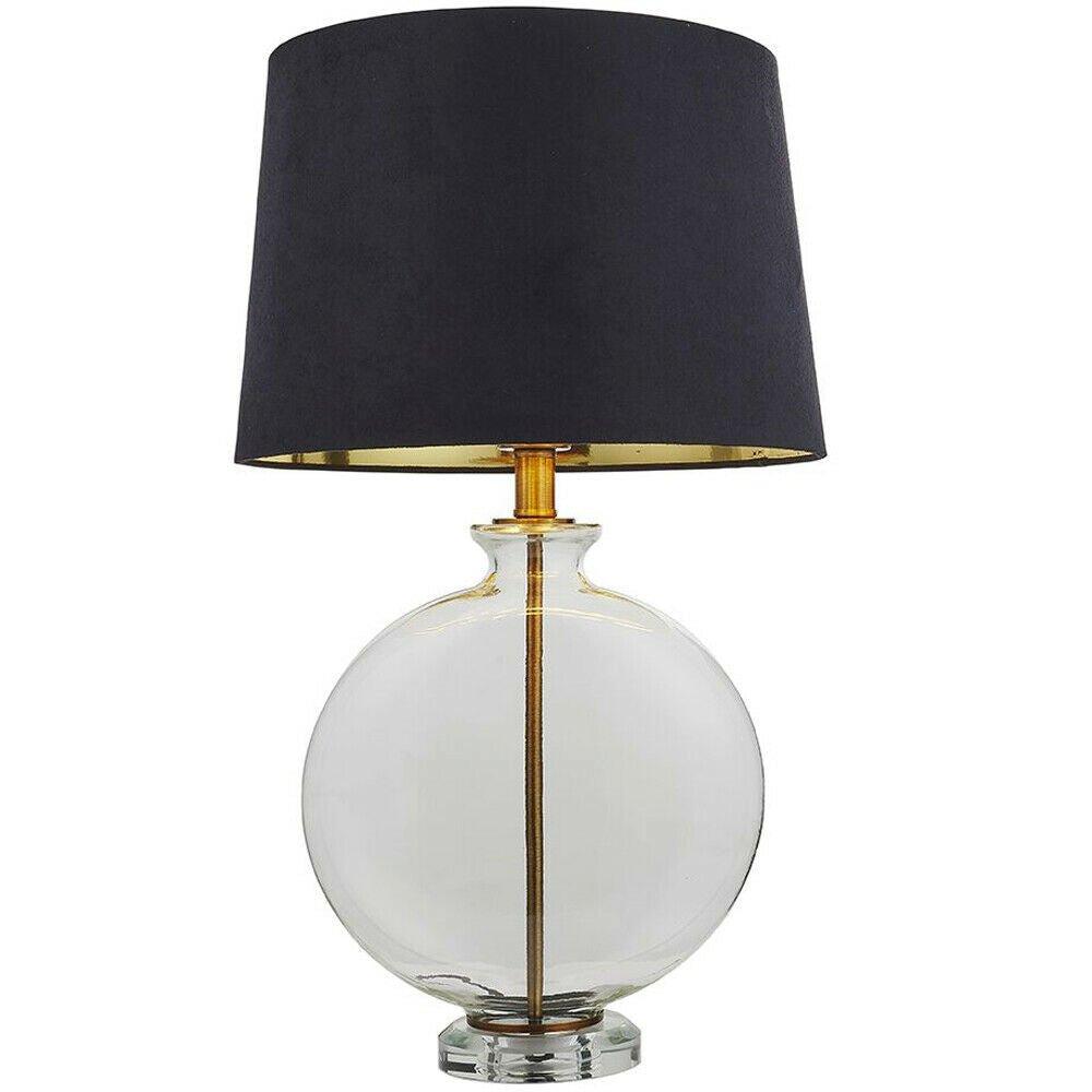 Round Feature Table Lamp Light Clear Glass - Antique Brass - Dark Velvet Shade