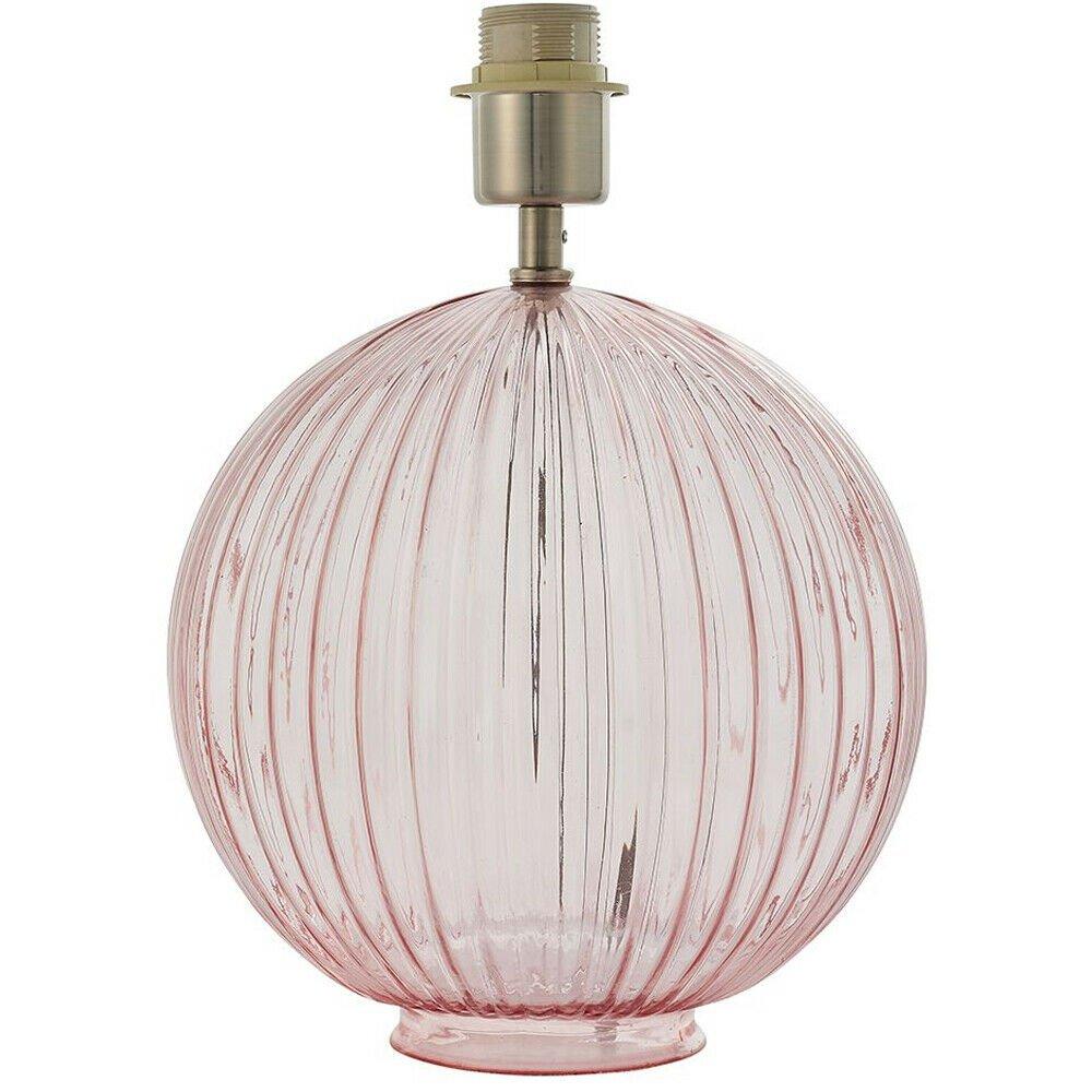Round Textured Table Lamp Base Pink Ribbed Glass & Nickel Classic Globe Bulb