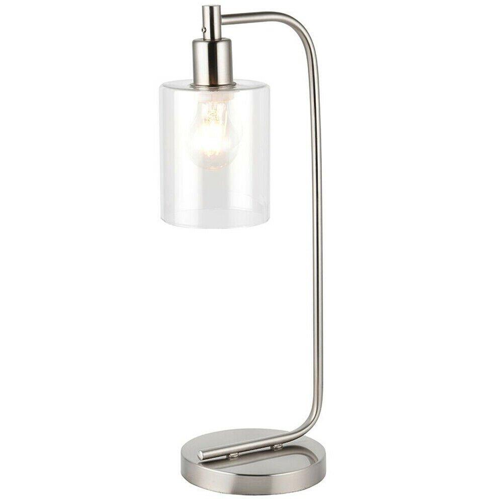 Modern Curved Arm Table Lamp Brushed Nickel & Clear Glass Shade Bedside Light