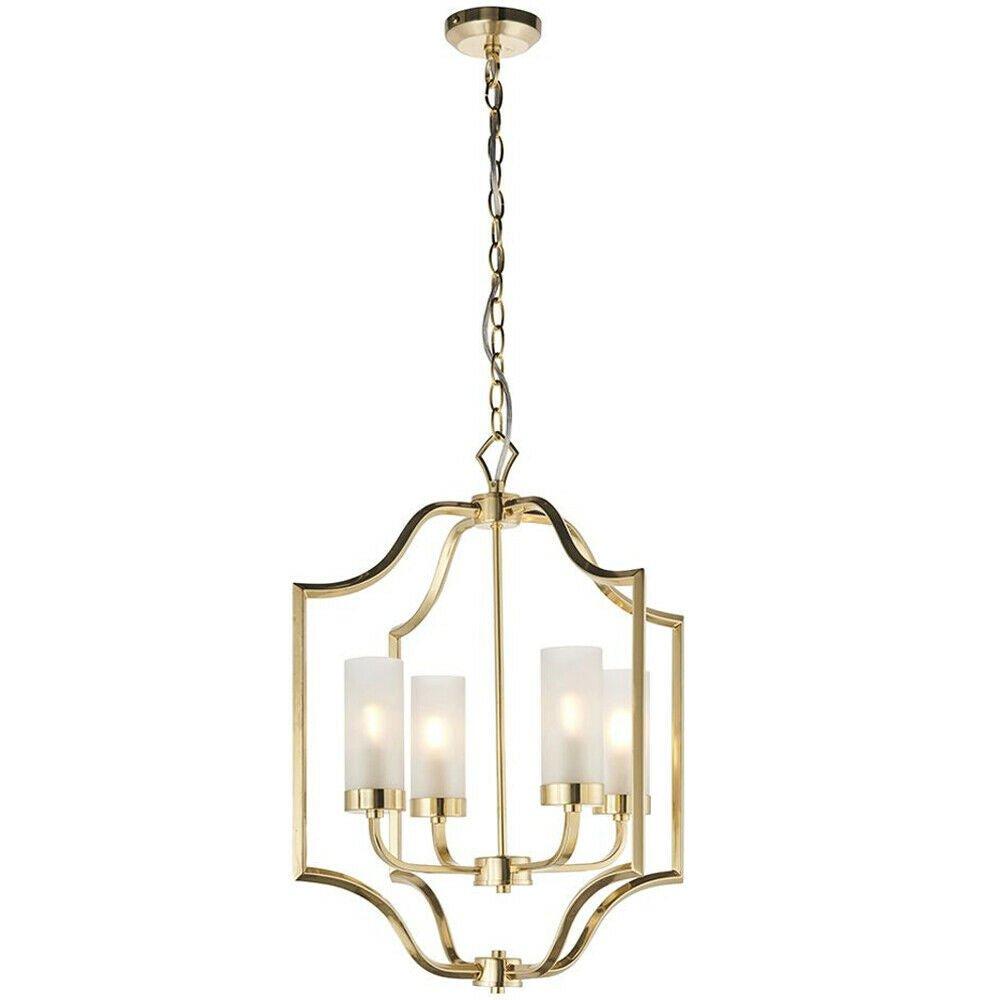 Hanging Ceiling Pendant Light Satin Brass & Frosted Glass 4 Bulb Classic Feature