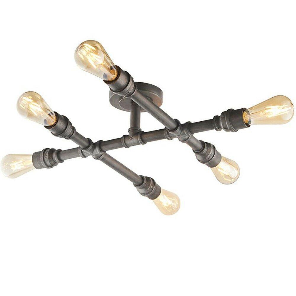 Semi Flush Ceiling Lamp Aged Pewter 6x Bulb Multi Light Industrial Exposed Pipe