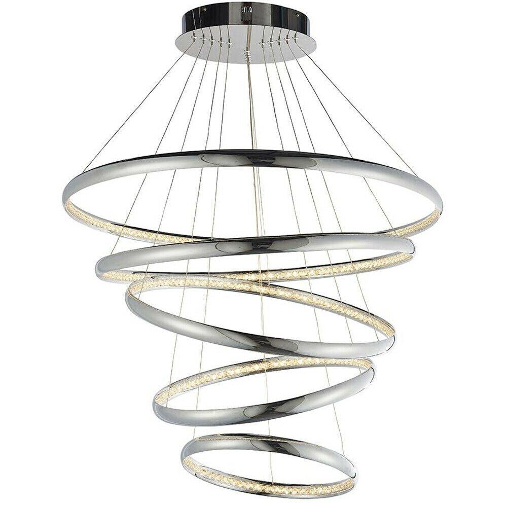 LED Ceiling Pendant Light 97W Warm White Chrome & Crystal 5 Ring/Hoop Strip Lamp