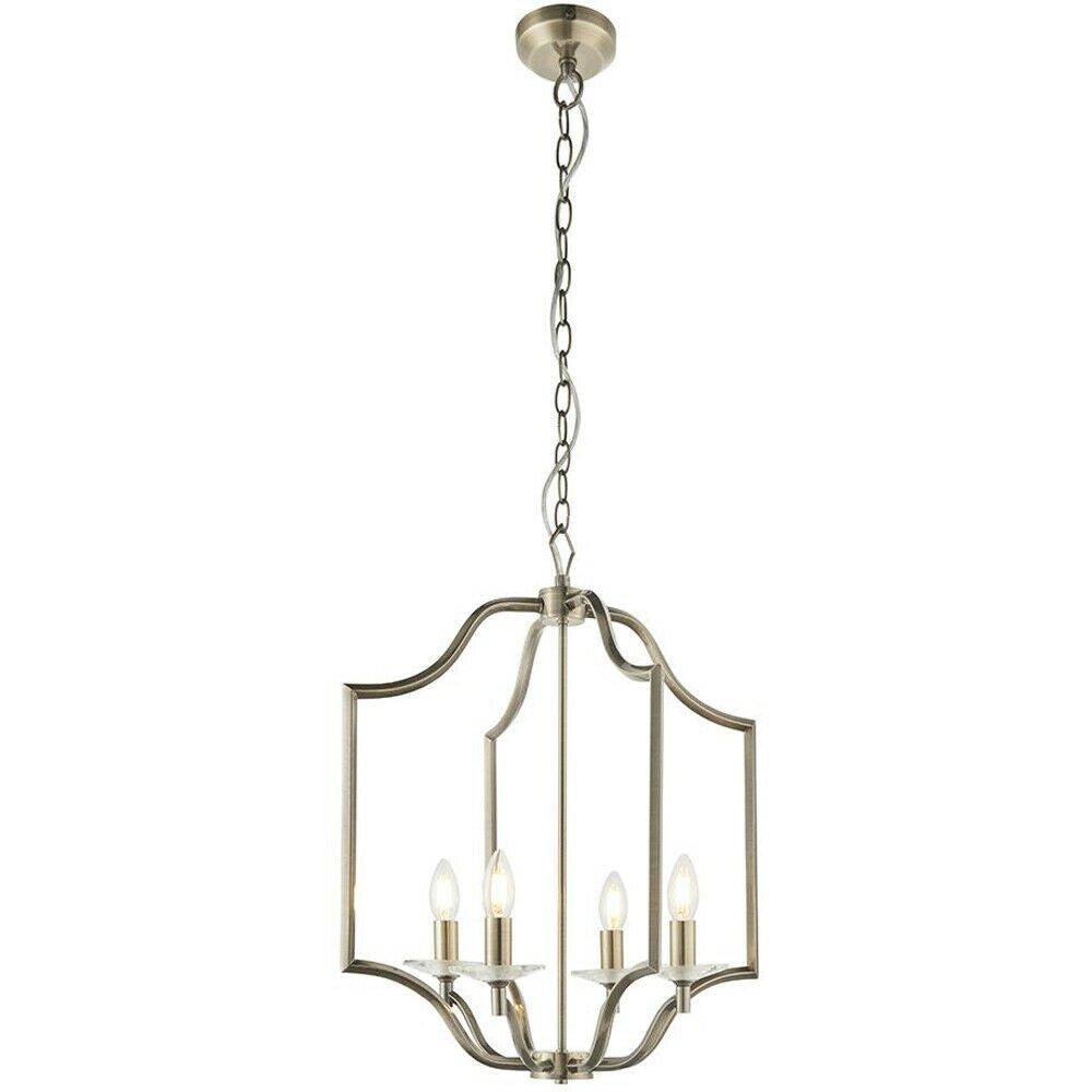 Hanging Ceiling Pendant Light Antique Brass & Crystal 4 Bulb Classic Feature