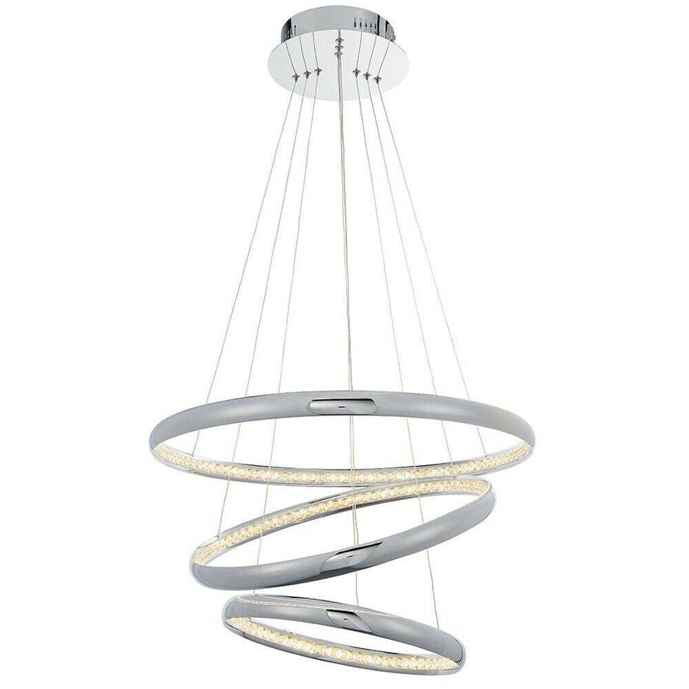 LED Ceiling Pendant Light 47W Warm White Chrome & Crystal 3 Ring/Hoop Strip Lamp