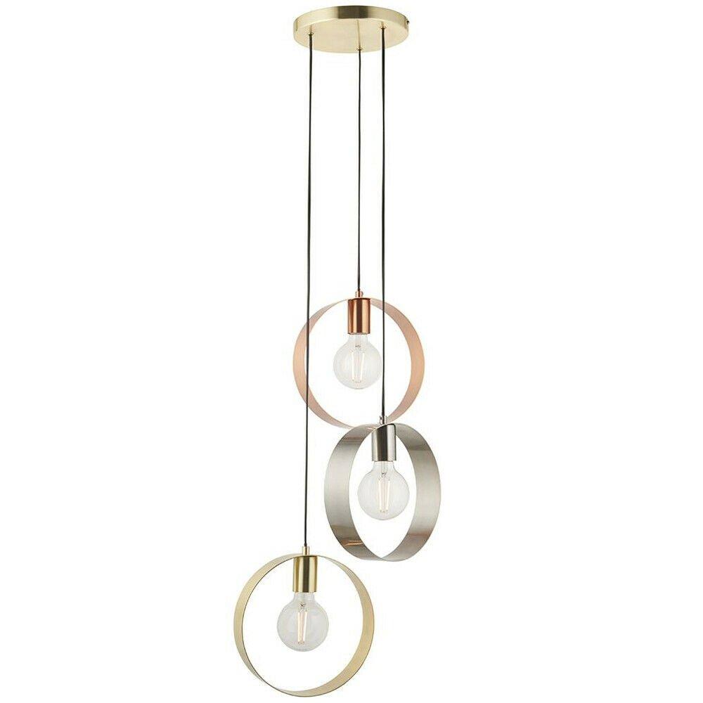 3 Bulb Multi Light Hanging Ceiling Pendant Brushed Copper Nickel & Brass Hoops