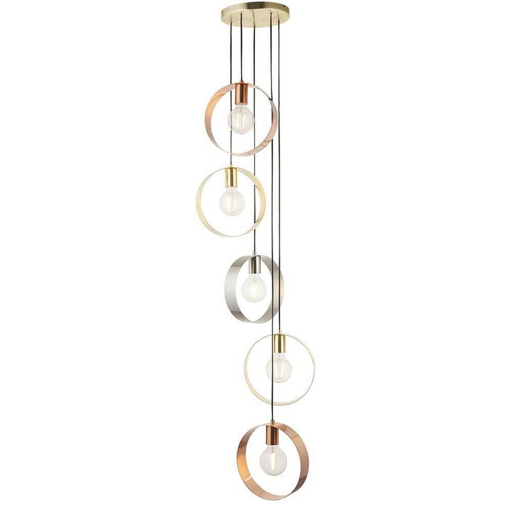 5 Bulb Multi Light Hanging Ceiling Pendant Brushed Copper Nickel & Brass Hoops