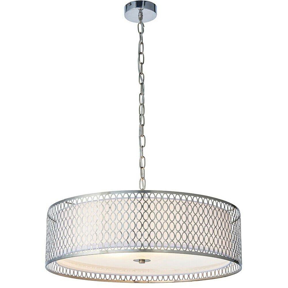 Hanging Ceiling Pendant Light Satin Nickel & Fabric Round Geometric Feature Lamp