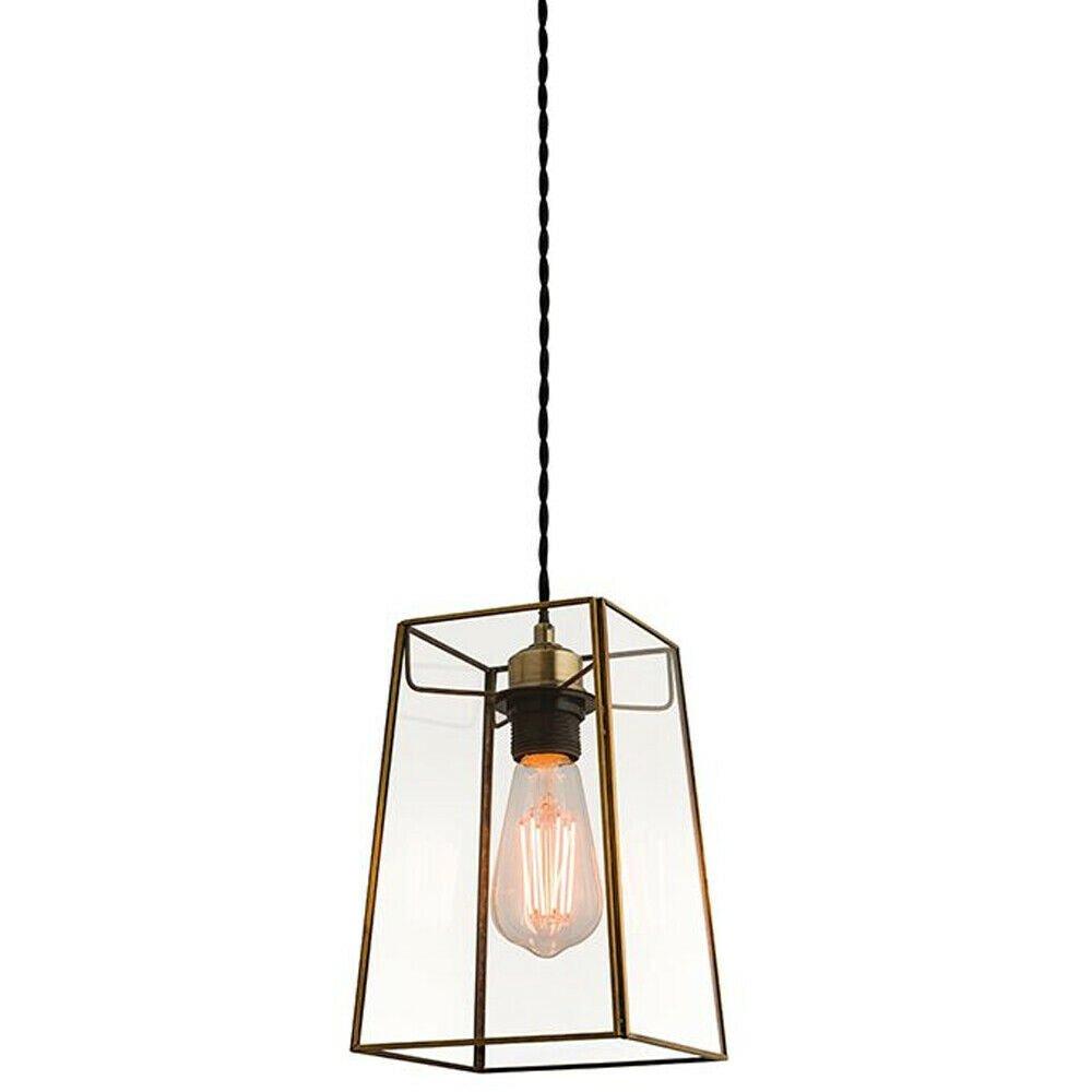 Hanging Ceiling Pendant Light Antique Brass & Square Glass Shade Sleek Box Lamp