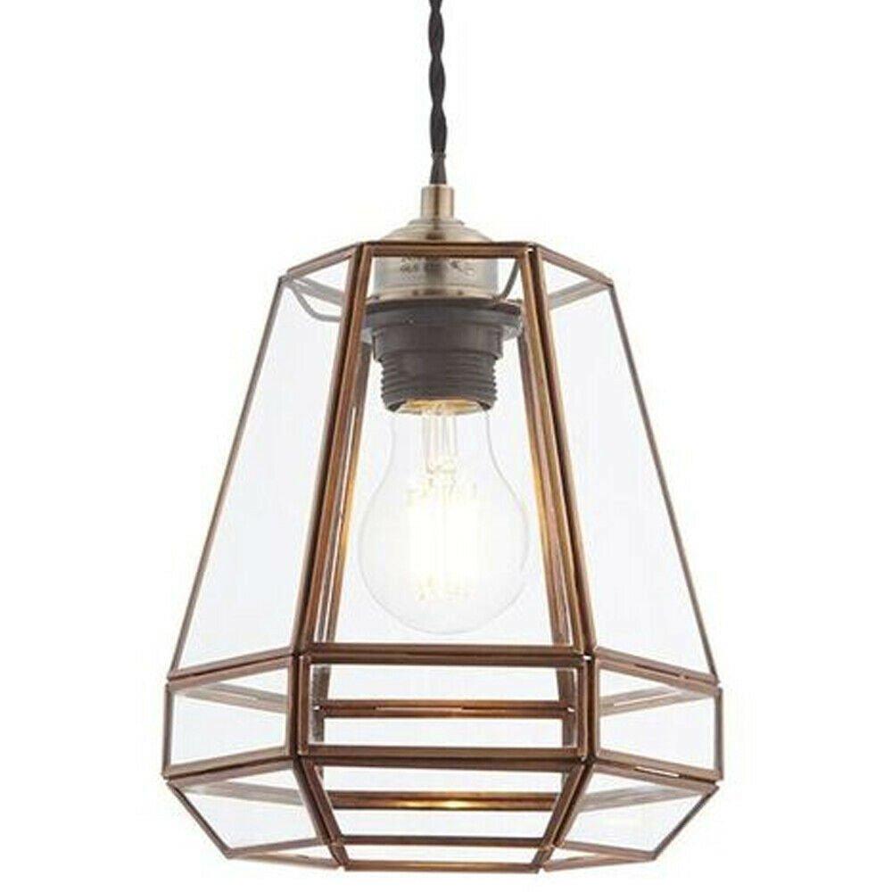 Hanging Ceiling Pendant Light Shade Antique Brass & Clear Glass Pear Drop Cage