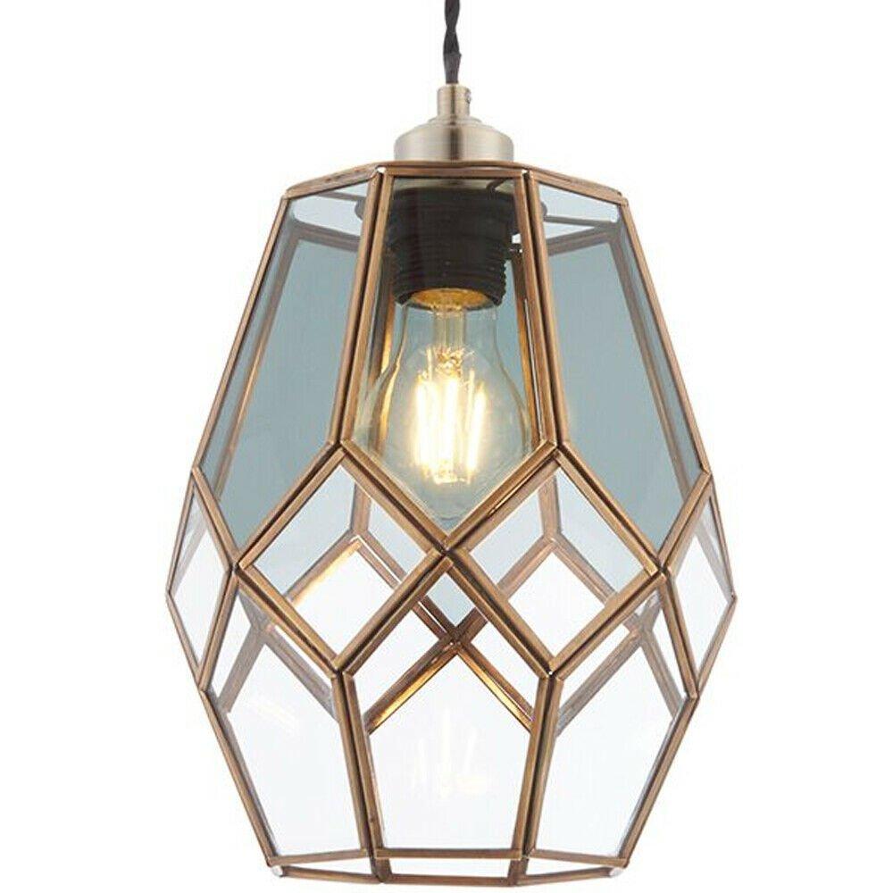 Hanging Ceiling Pendant Light Shade Brass & Clear Smoked Glass Geometric Cage
