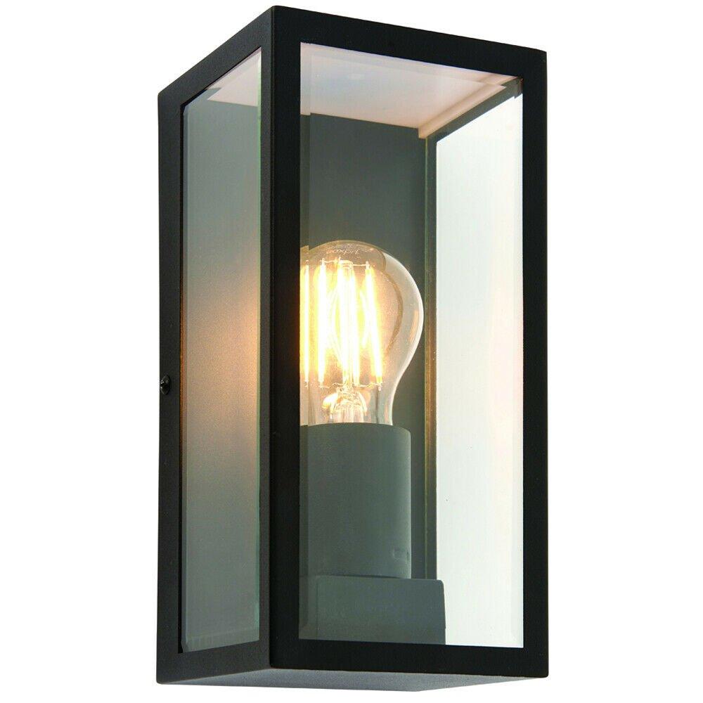 IP44 Outdoor Wall Light Matt Black & Glass Rectangle Box Lantern 28W E27 Edison