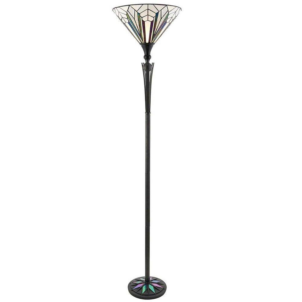 1.7m Tiffany Floor Lamp Black Stem & Retro Stained Glass Shade Uplighter i00002