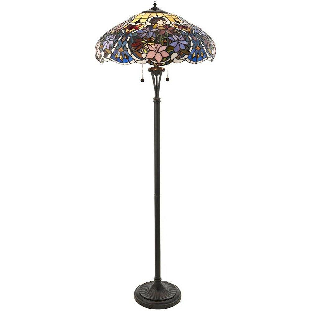1.5m Tiffany Twin Floor Lamp Dark Bronze & Floral Stained Glass Shade i00027