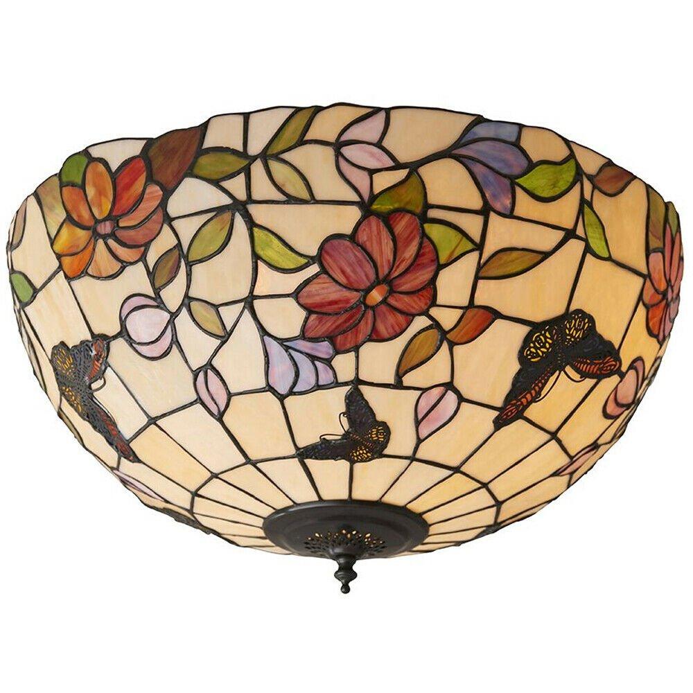 Tiffany Glass Semi Flush Ceiling Light Butterfly Round Inverted Shade i00038
