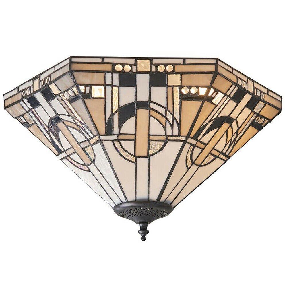 Tiffany Glass Semi Flush Ceiling Light Art Deco Cream Hex Inverted Shade i00055
