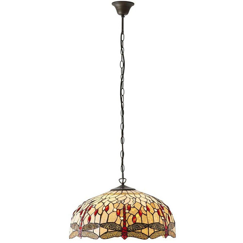 Tiffany Glass Hanging Ceiling Pendant Light Bronze Chain Dragonfly Shade i00104