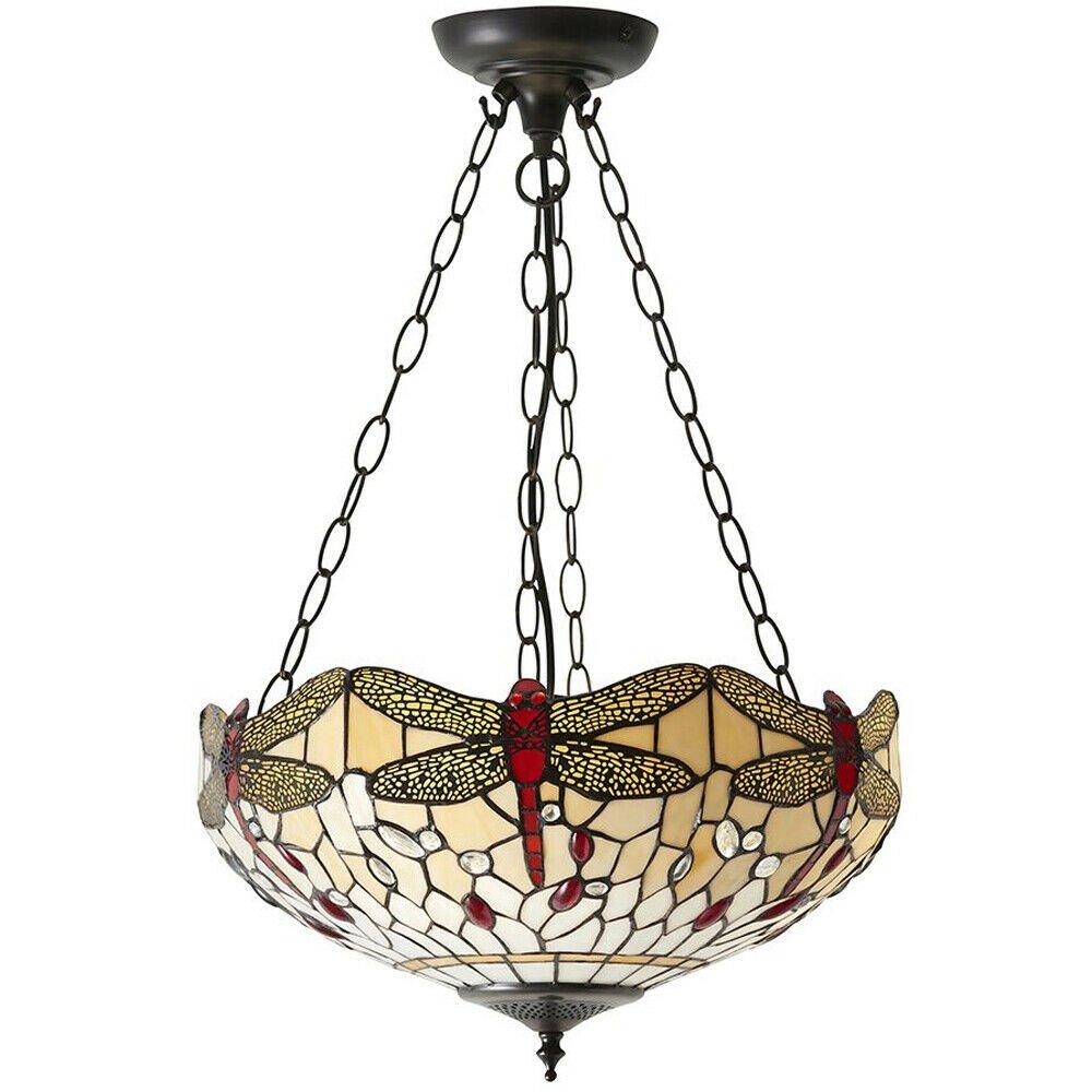 Tiffany Glass Hanging Ceiling Pendant Light Bronze & Dragonfly Lamp Shade i00105