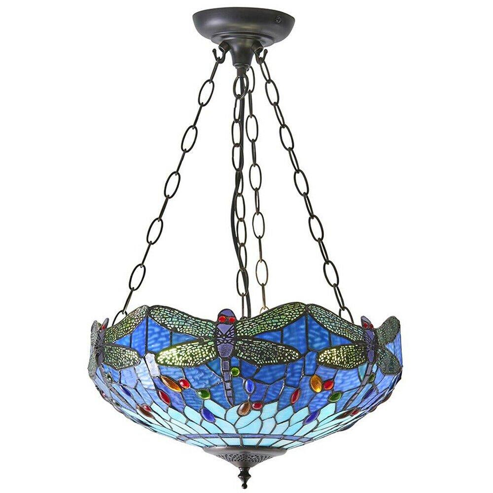 Tiffany Glass Hanging Ceiling Pendant Light Blue Dragonfly 3 Lamp Shade i00108