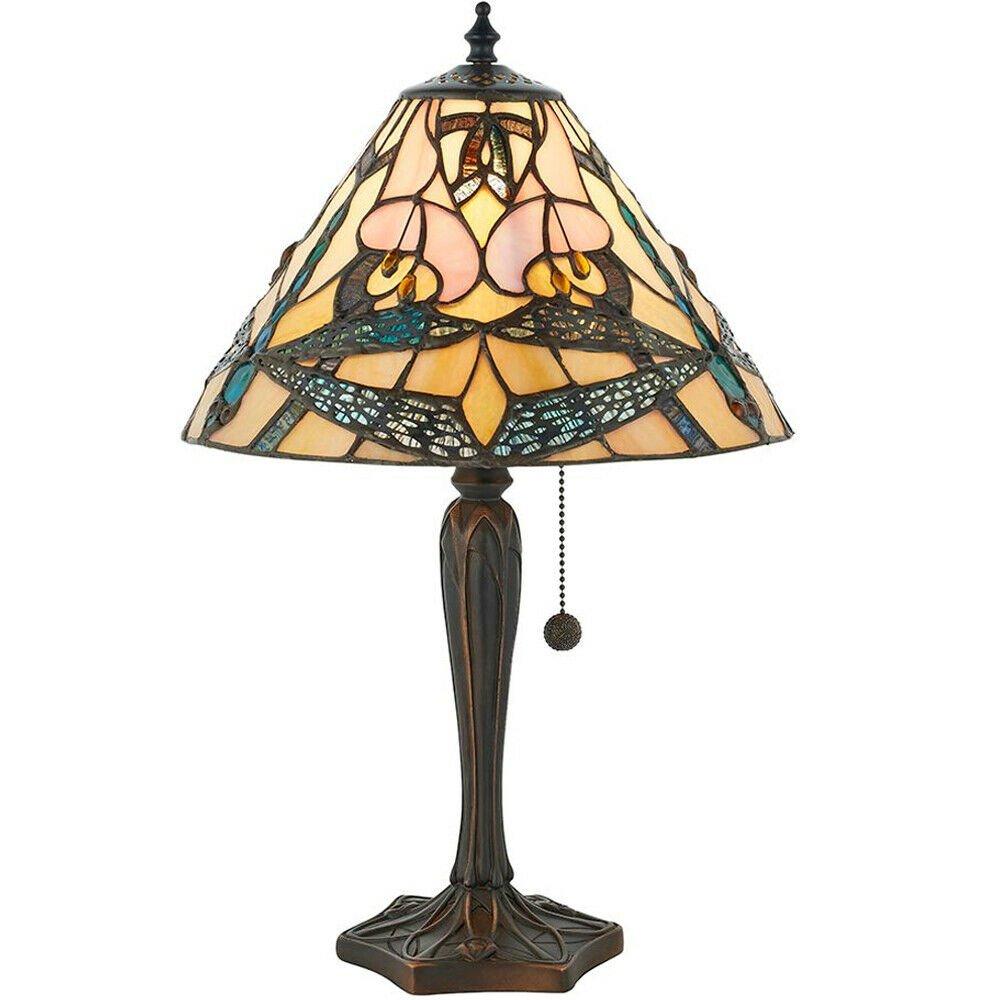 Tiffany Glass Table Lamp Light Dark Bronze & Rich Cream Dragonfly Shade i00168