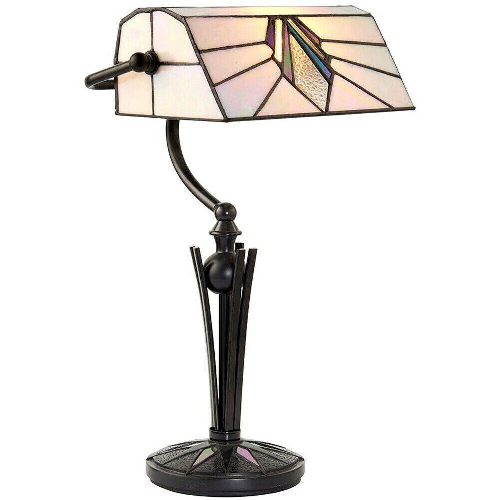Tiffany Glass Table Lamp Bankers Desk Light Dark Bronze & Cream Shade i00172