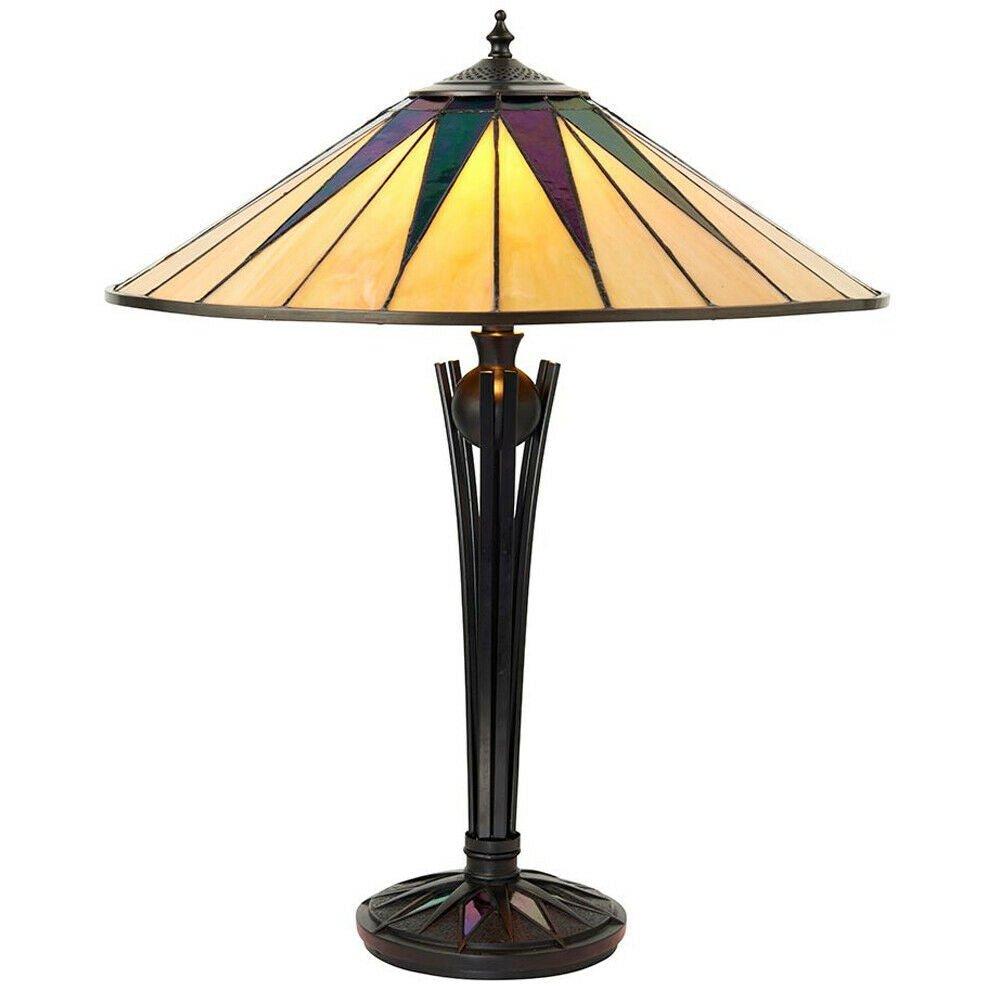 Tiffany Glass Table Lamp Light Black Iridescent & Rich Cream Round Shade i00184