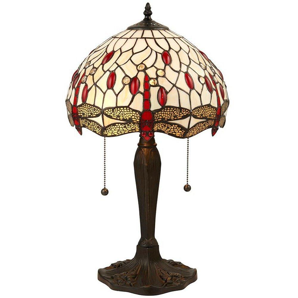 Tiffany Glass Table Lamp Light Dark Bronze & Cream Red Dragonfly Shade i00189