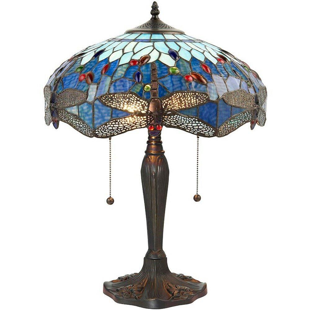 Tiffany Glass Table Lamp Light Dark Bronze Base & Blue Dragonfly Shade i00192