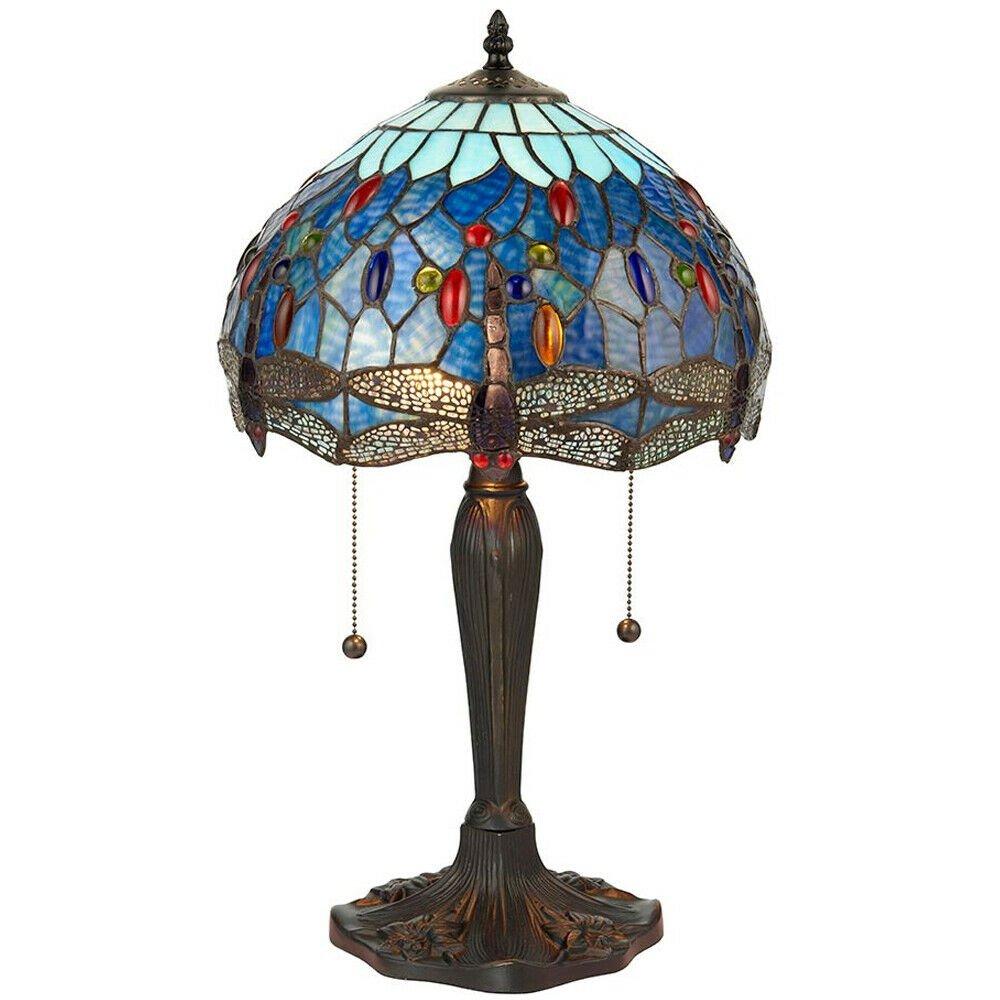Tiffany Glass Table Lamp Light Dark Bronze Base & Blue Dragonfly Shade i00193