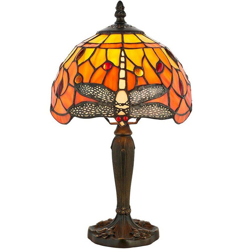 Tiffany Glass Table Lamp Light Dark Bronze Base & Orange Dragonfly Shade i00195