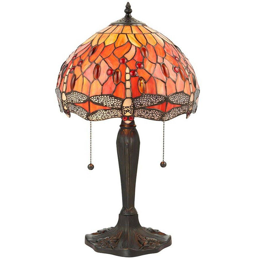 Tiffany Glass Table Lamp Light Dark Bronze Base & Orange Dragonfly Shade i00196
