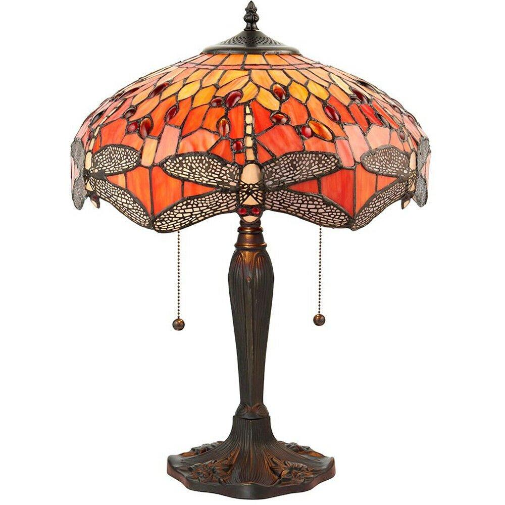Tiffany Glass Table Lamp Light Dark Bronze Base & Orange Dragonfly Shade i00197