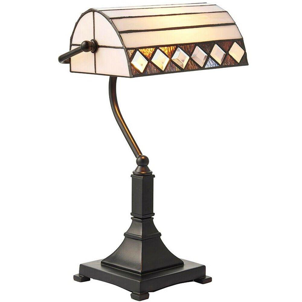 Tiffany Glass Table Lamp Bankers Desk Light Dark Bronze & Cream Shade i00200