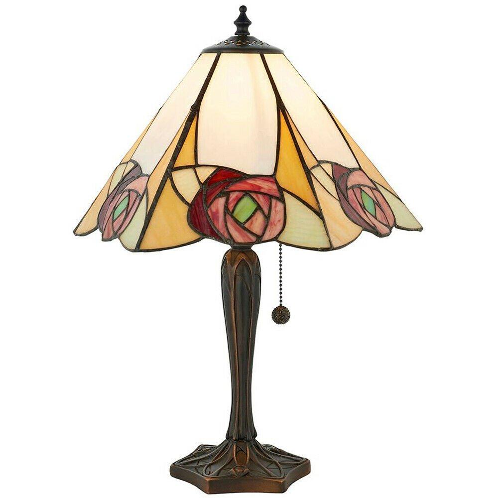 Tiffany Glass Table Lamp Light Dark Bronze & Art Deco Red Rose Shade i00206