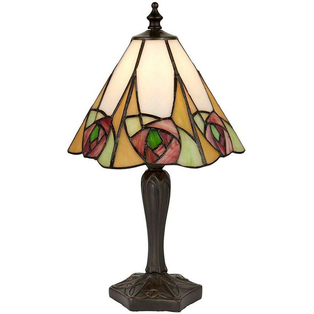 Tiffany Glass Table Lamp Light Dark Bronze & Art Deco Red Rose Shade i00207