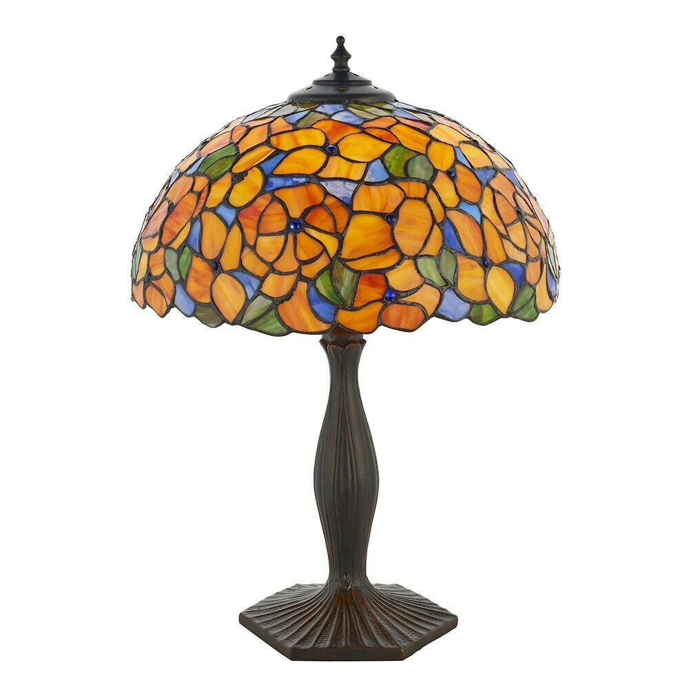 Medium Tiffany Glass Floral Table Lamp - Dark Bronze Finish - 60W E27 GLS LED