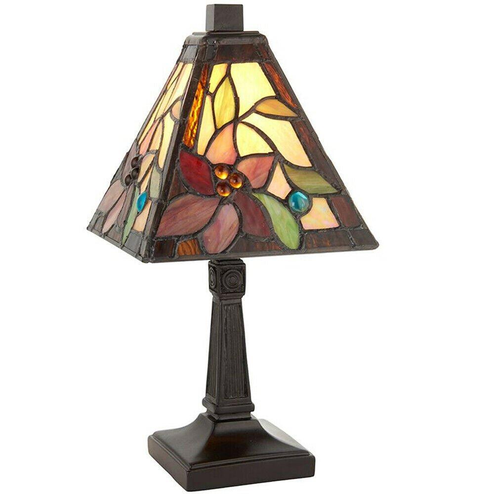 Tiffany Glass Mini Table Lamp Light Dark Bronze & Red Flower Square Shade i00213