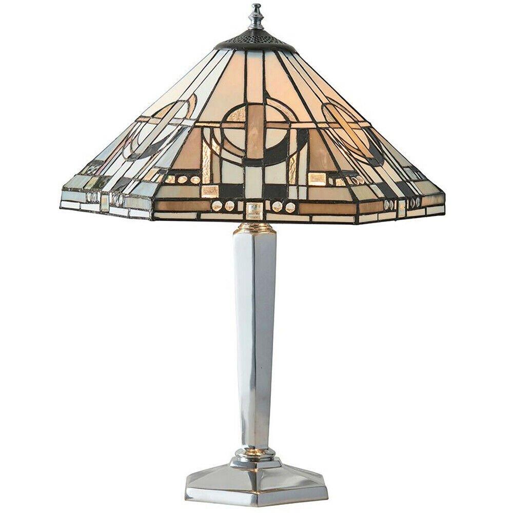 Tiffany Glass Table Lamp Light Polished Aluminium & Art Deco Hex Shade i00218