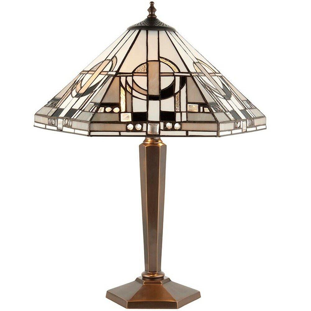 Tiffany Glass Table Lamp Light Antique Patina Bronze & Art Deco Hex Shade i00219