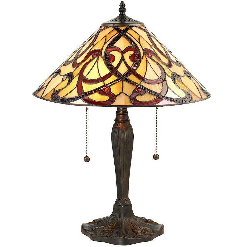 Tiffany Glass Table Lamp Light Vintage Dark Bronze & Red / Cream Shade i00227