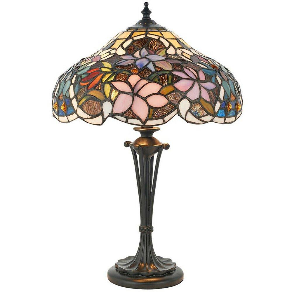 Tiffany Glass Table Lamp Light Dark Bronze & Multi Colour Floral Shade i00229