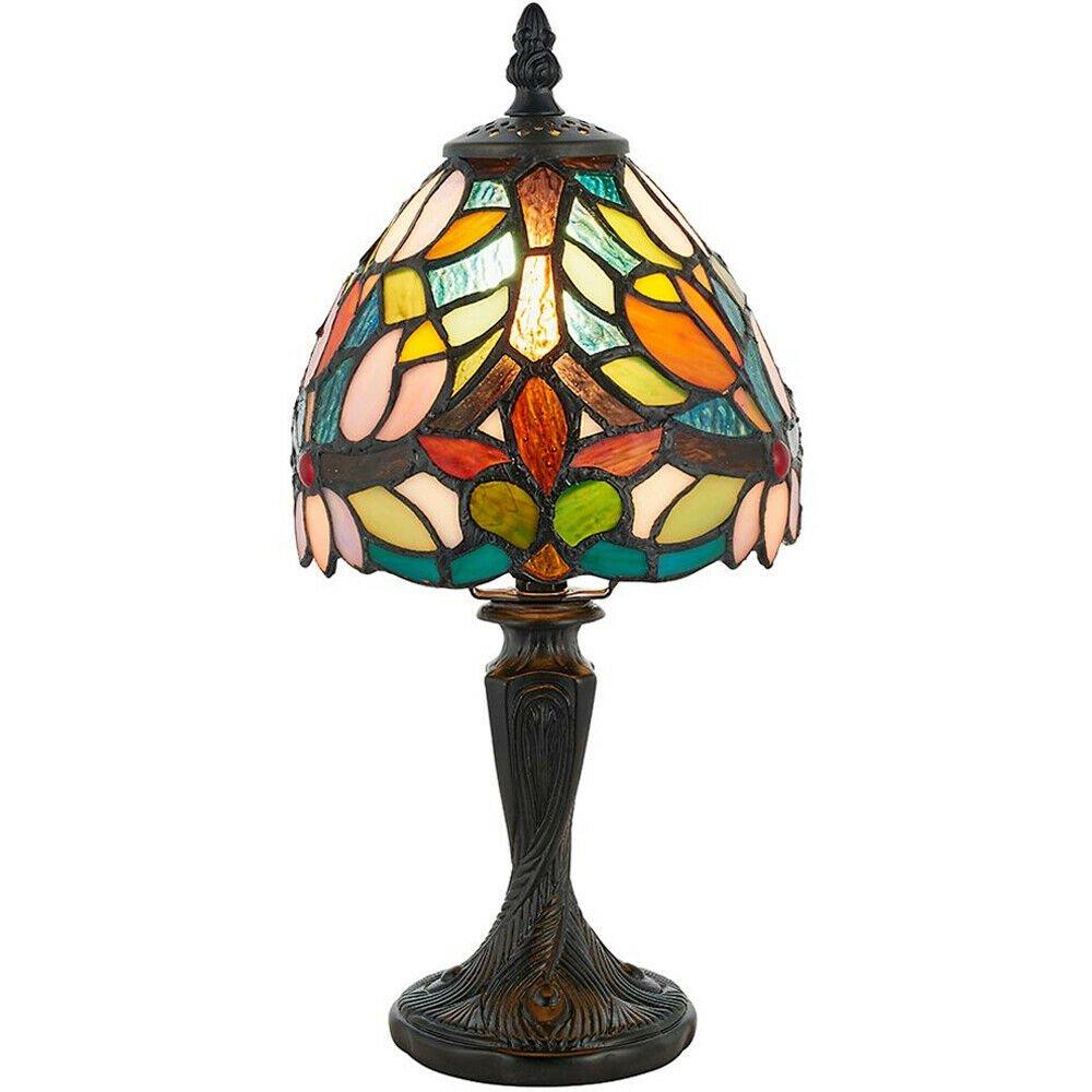 Tiffany Glass Table Lamp Light Vintage Dark Bronze & Multi Colour Shade i00230