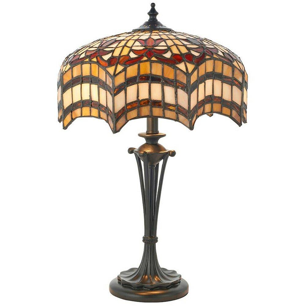 Tiffany Glass Table Lamp Light Dark Bronze & Multi Colour Scalloped Shade i00231
