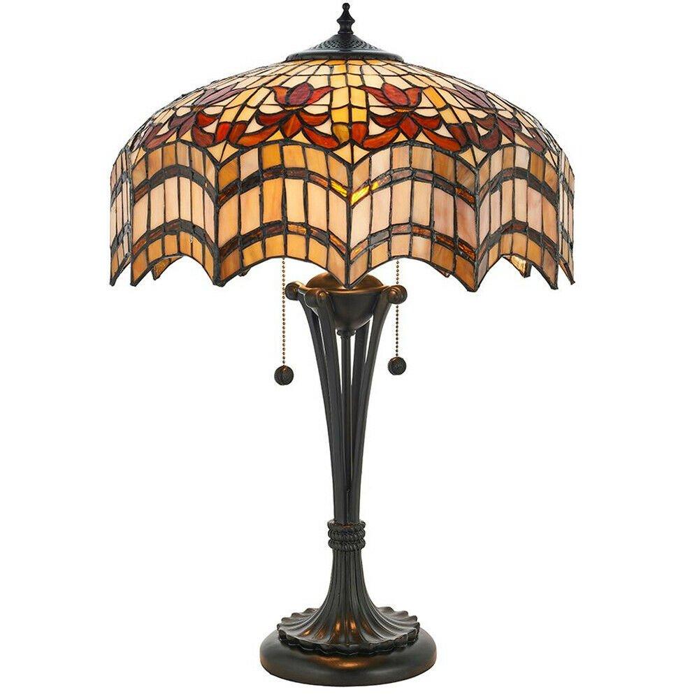 Tiffany Glass Table Lamp Light Dark Bronze & Multi Colour Scalloped Shade i00232