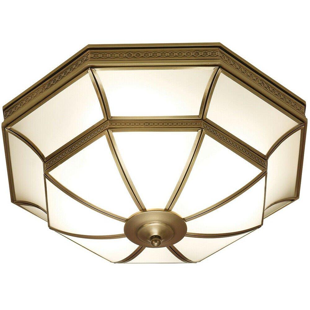 Luxury Flush Ceiling Light Antique Brass & Frosted Glass Traditional Feature