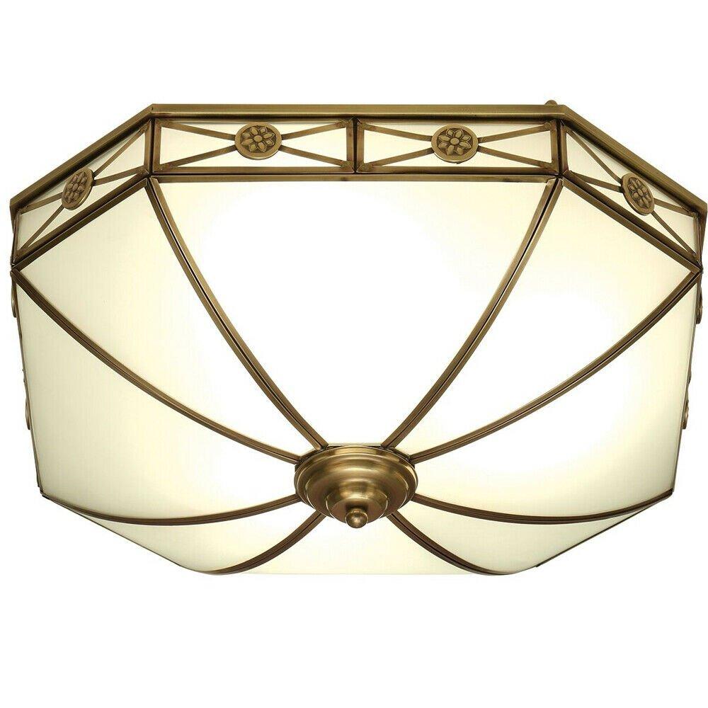 Luxury Flush Ceiling Light Antique Brass & Frosted Glass Traditional Pattern