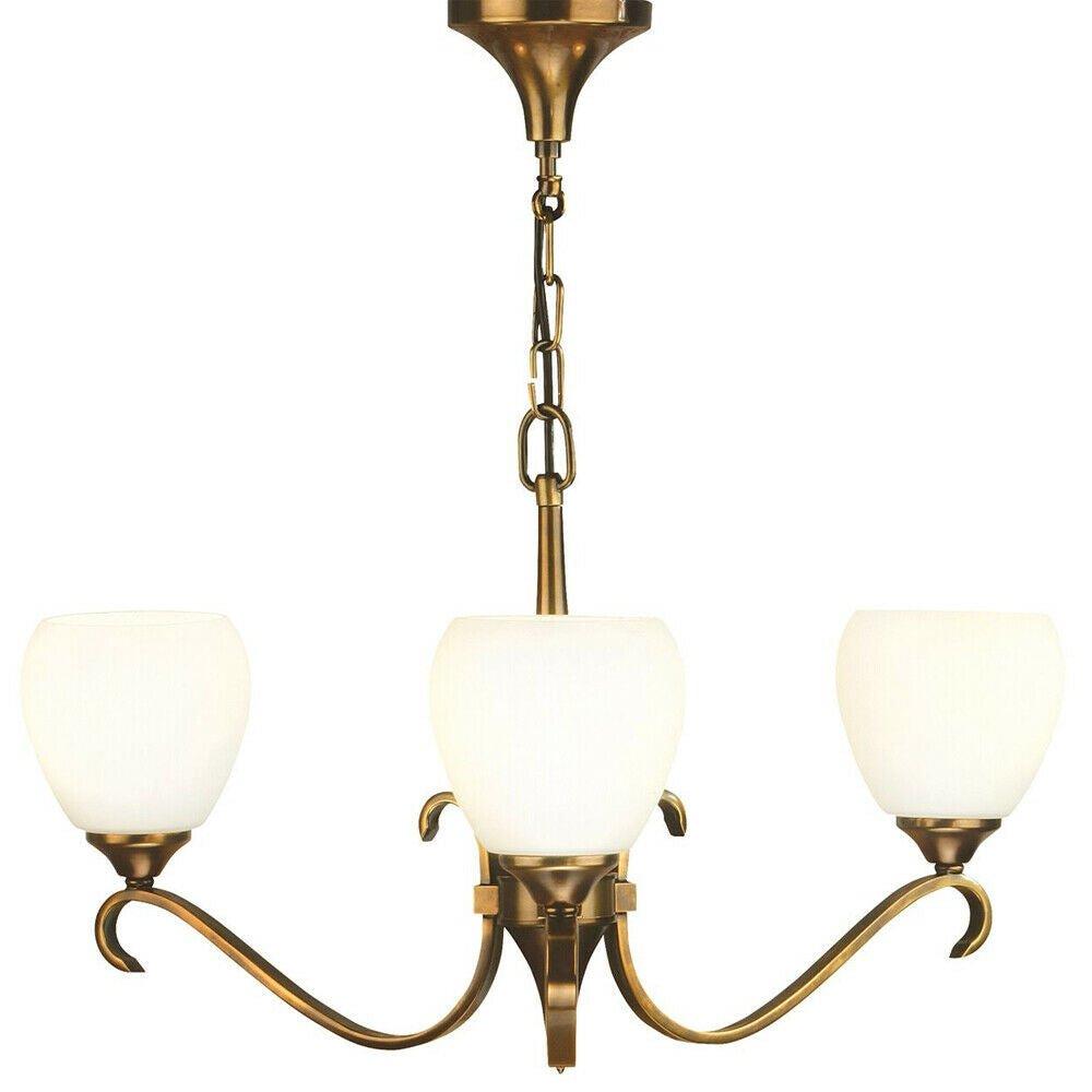 Luxury Hanging Ceiling Pendant Light Antique Brass Opal Glass 3 Lamp Chandelier