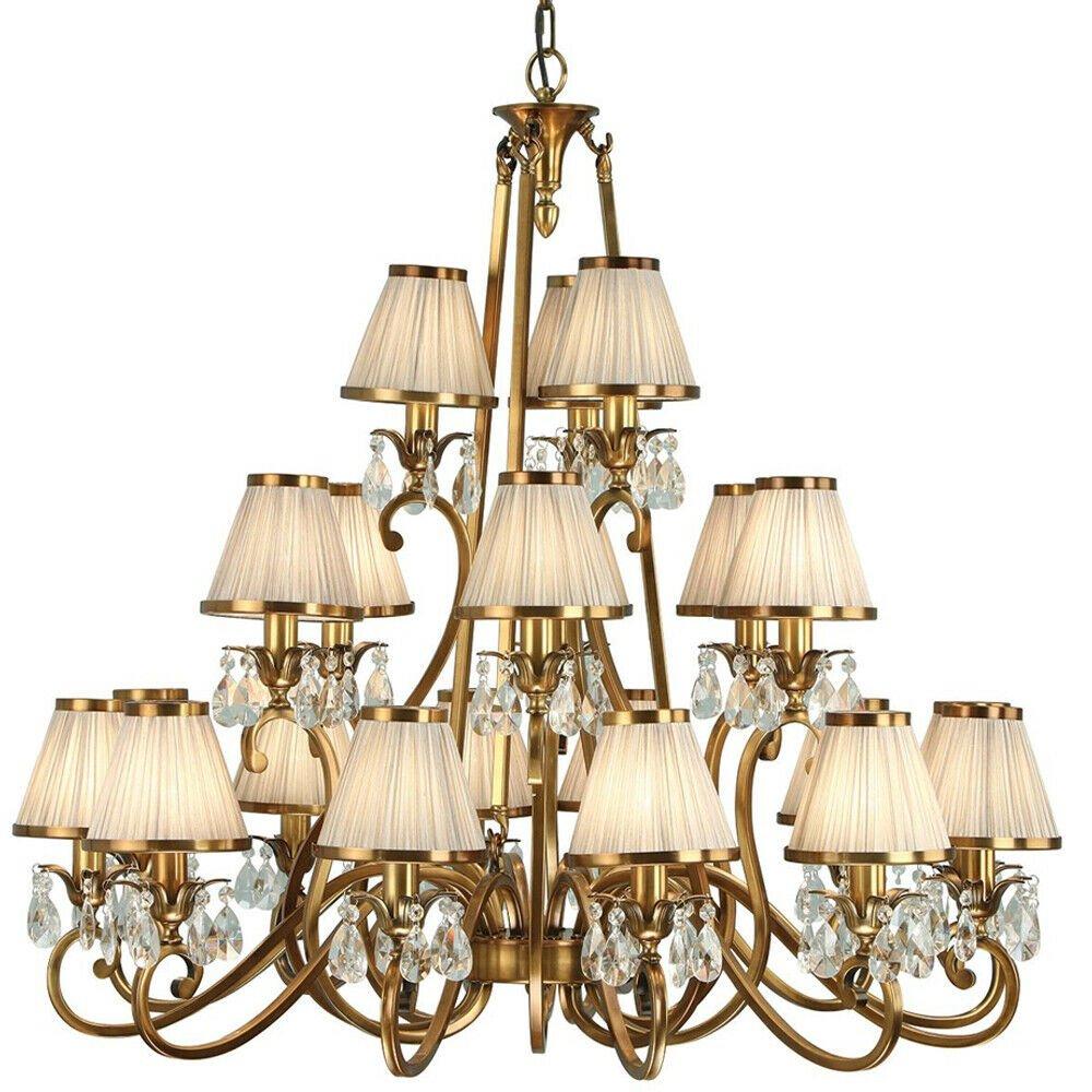 Esher Ceiling Pendant Chandelier Brass Crystal & Beige Shades 21 Lamp Light